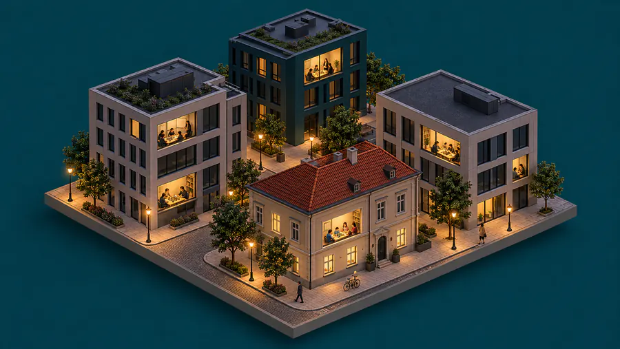 Vilnius at dusk, with lit office windows where classes meet
