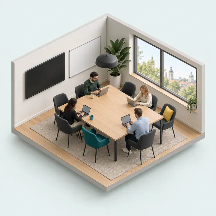 A meeting room in the morning, with the office team at the table